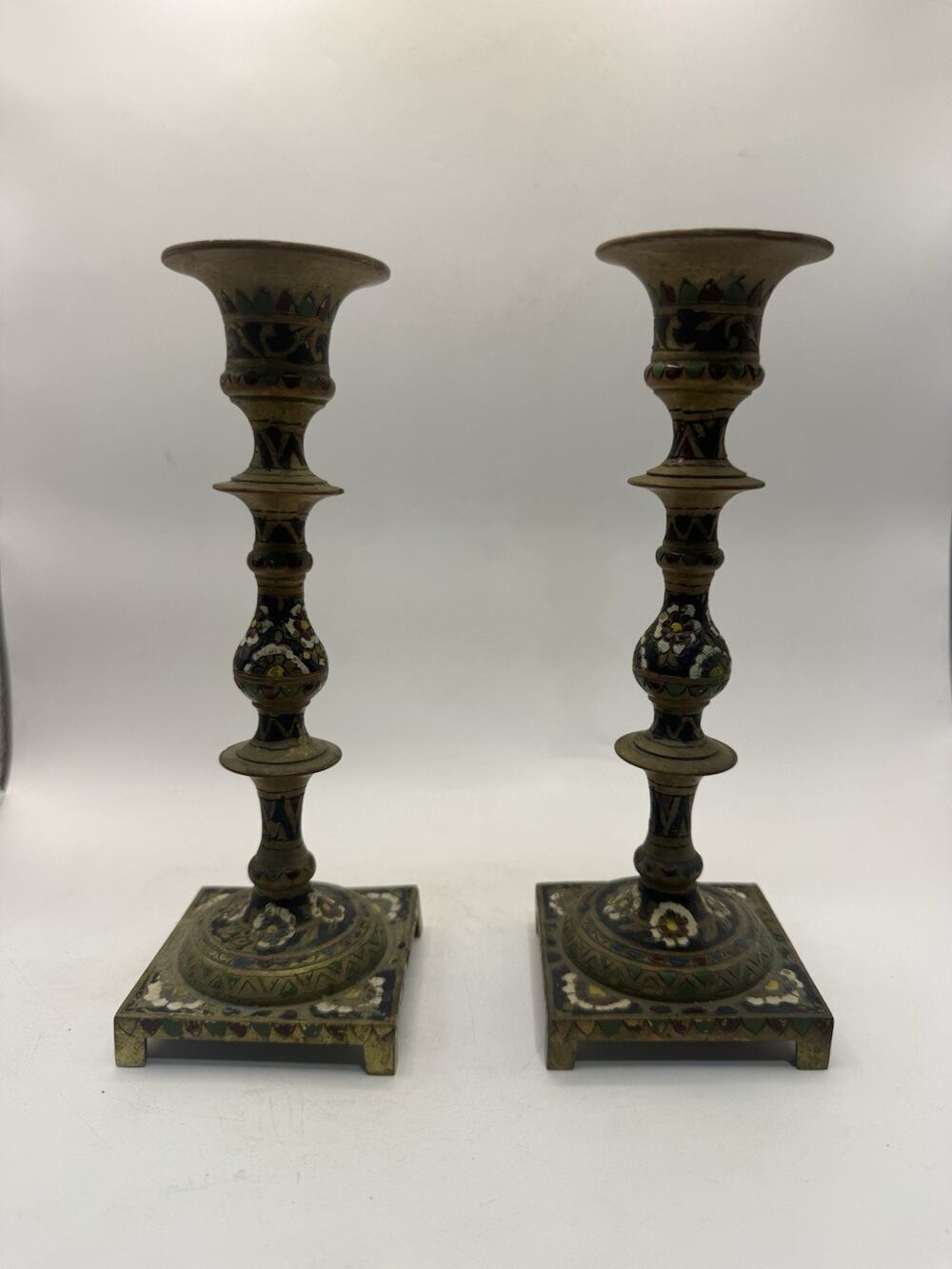 Vintage Indian Brass Meenakari Enamel Candlestick Holders Floral Pair 8” *